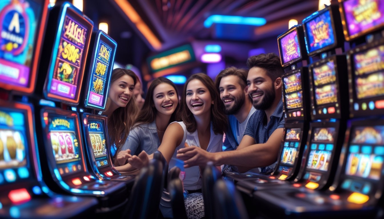 Beberapa orang bermain mesin slot bertema fantasi yang penuh warna dan menarik di dalam kasino modern.