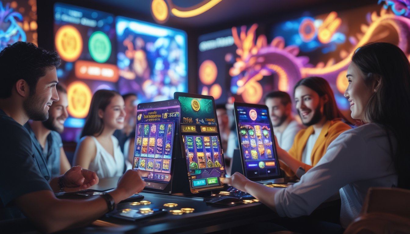 Beberapa orang bermain permainan slot fantasi interaktif dengan perangkat digital di sebuah ruang permainan modern.
