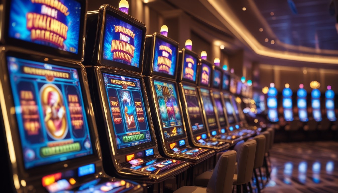 Deretan mesin slot modern dengan grafis warna-warni di dalam kasino yang mewah dan terang.