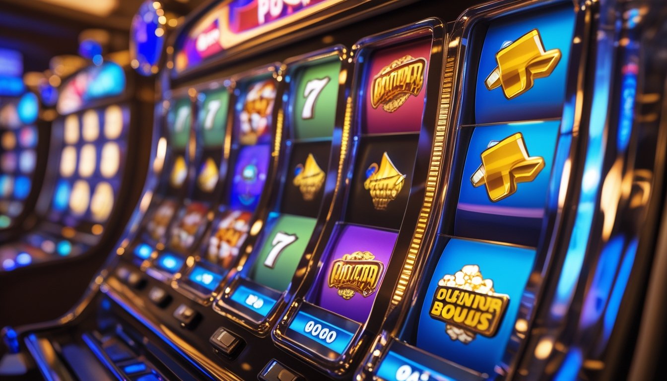 Mesin slot bertema film dengan grafik warna-warni dan ikon bonus yang bersinar dalam suasana kasino yang mewah.