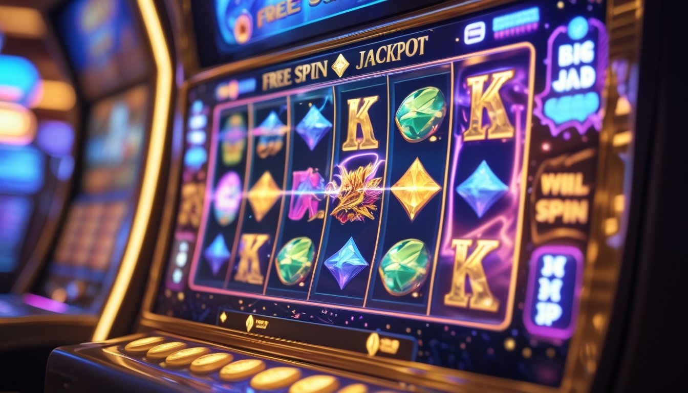Mesin slot bertema fantasi dengan simbol naga dan permata berkilau di kasino yang ramai.
