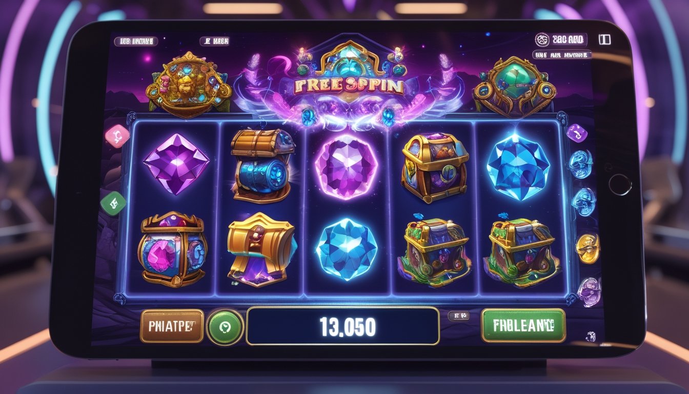 Layar mesin slot bertema fantasi dengan simbol warna-warni dan indikator jackpot besar di latar belakang suasana permainan yang modern.