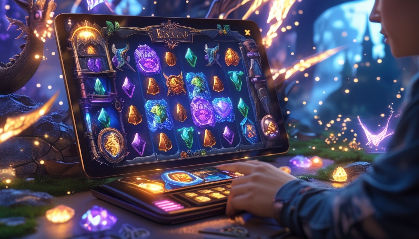 Seseorang sedang bermain mesin slot online dengan tema fantasi dan animasi warna-warni di layar komputer.