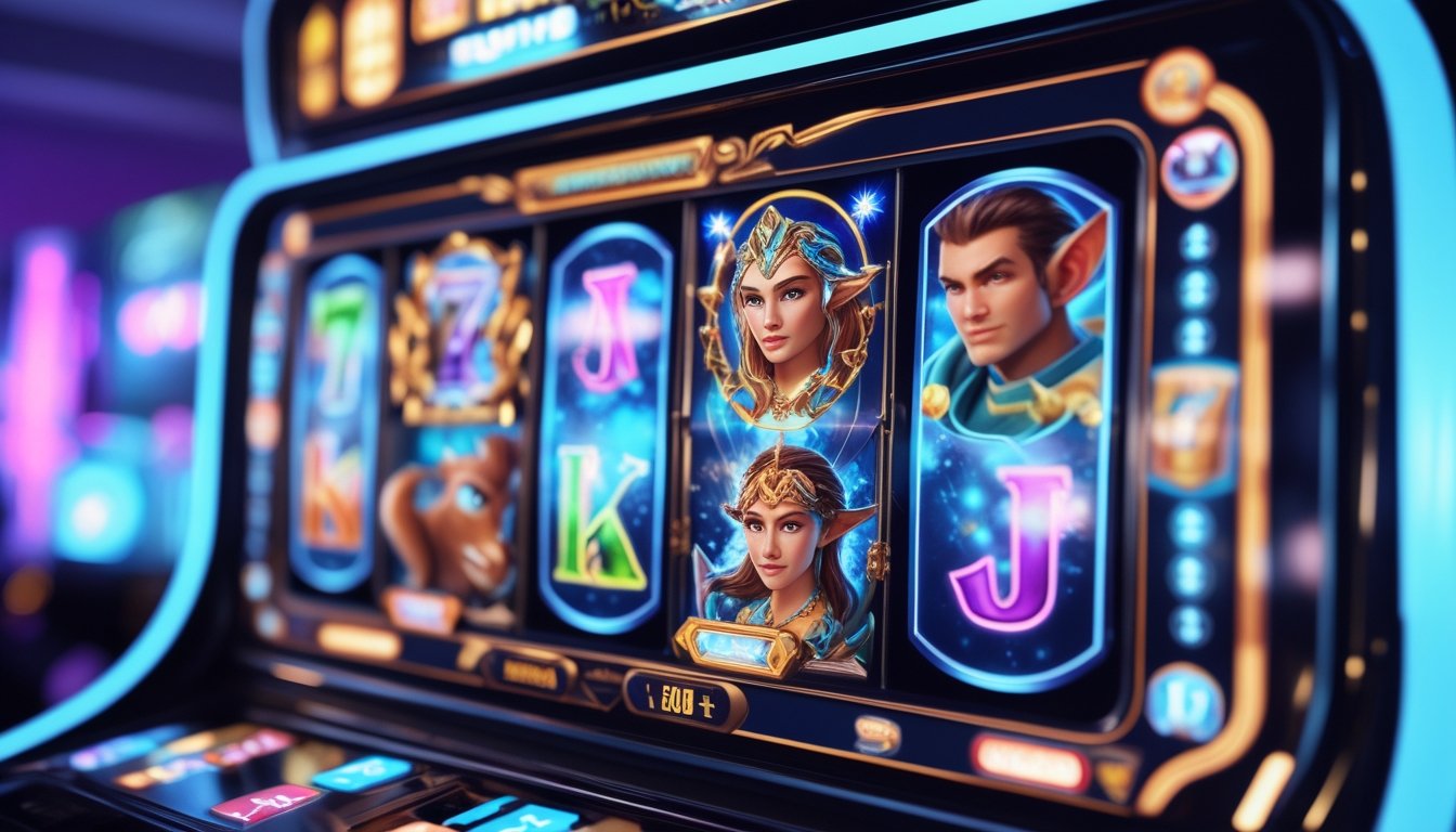 Tampilan mesin slot fantasi dengan animasi warna-warni dan elemen magis di layar digital yang interaktif.