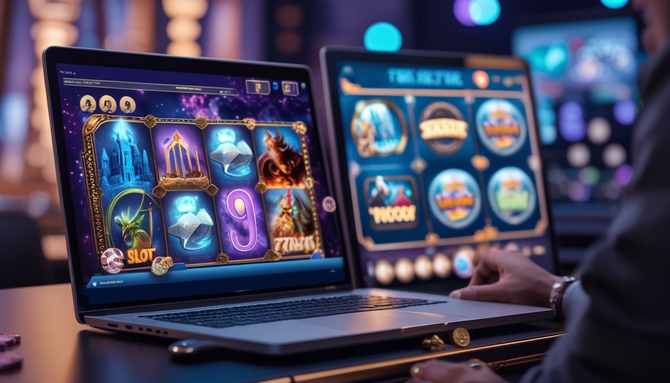 Seorang pemain duduk di depan komputer dengan layar menampilkan permainan slot bertema fantasi dan film, di ruang permainan yang nyaman dan terang.