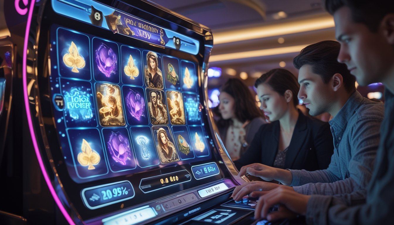 Orang-orang bermain mesin slot online dengan tema fantasi dan film populer di lingkungan kasino yang modern.