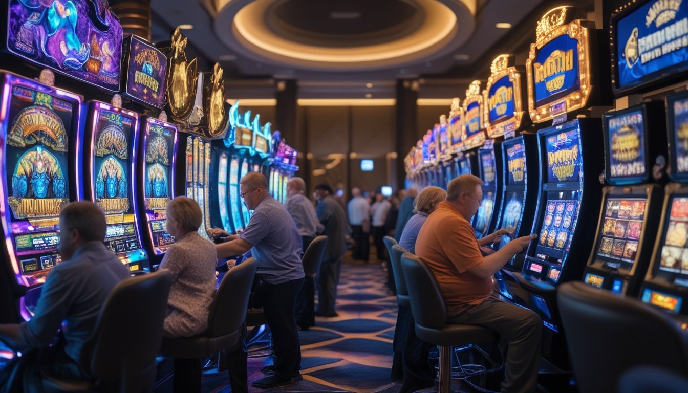 Dua mesin slot bertema fantasi dan film di kasino dengan pemain yang sedang bermain dan fokus.