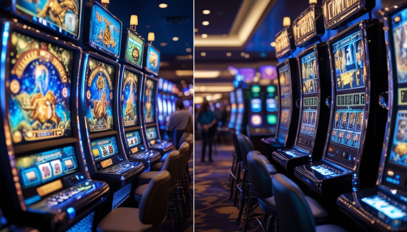 Gambar mesin slot bertema fantasi dengan naga dan penyihir di sebelah kiri, dan mesin slot bertema film dengan gulungan film dan karakter film di sebelah kanan di dalam kasino.