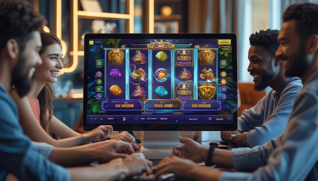 Orang-orang bermain mesin slot bertema fantasi dan film di perangkat modern di ruangan yang nyaman dan aman.