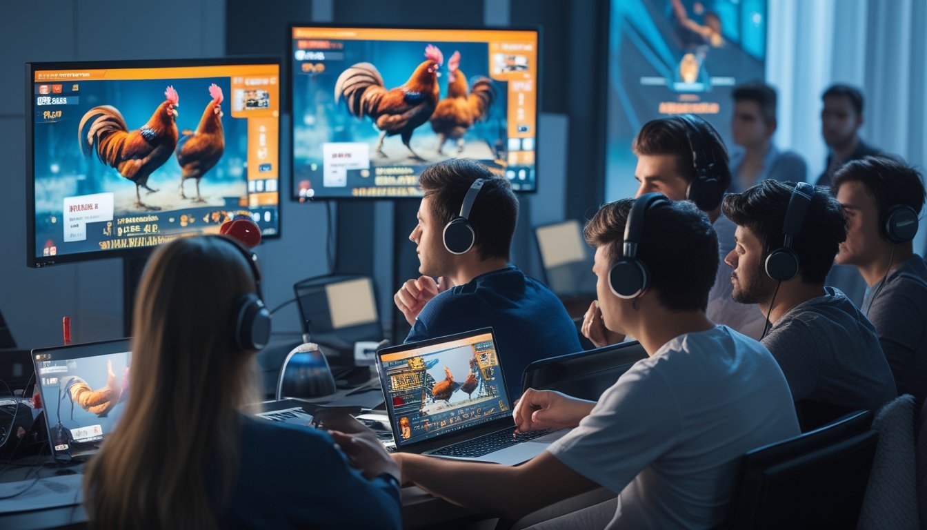 Sekelompok orang muda menonton pertandingan adu ayam secara online menggunakan laptop dan ponsel di ruangan yang terang.