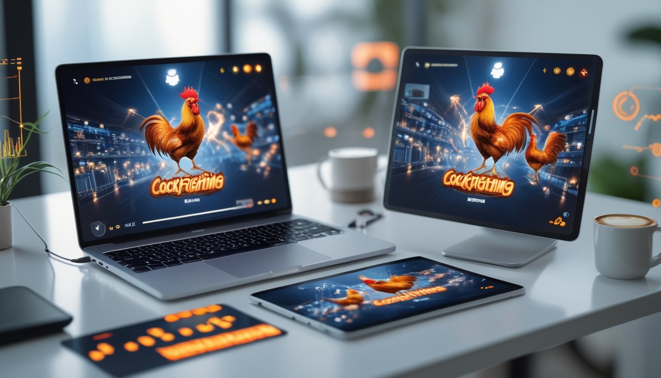Meja kerja dengan laptop dan tablet yang menampilkan permainan adu ayam secara online.