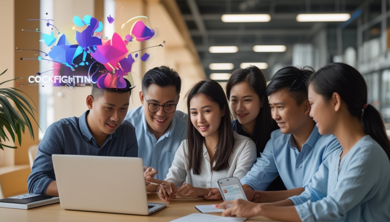 Sekelompok orang Indonesia muda berkumpul di sekitar laptop dan ponsel, fokus berdiskusi dalam ruangan modern dengan pencahayaan alami.