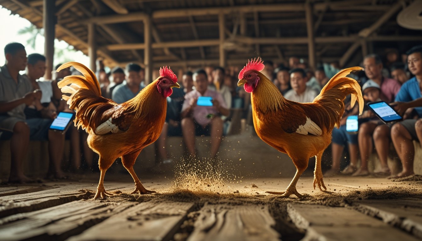 Dua ayam jago bertarung di arena kayu dengan penonton Indonesia yang antusias mengamati dan menggunakan perangkat digital.