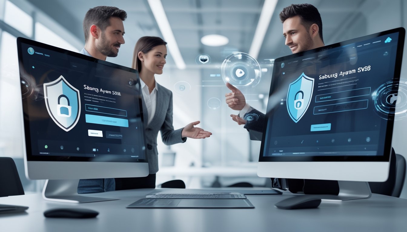 Orang-orang berdiskusi di depan dua layar komputer yang menampilkan antarmuka digital terkait keamanan dan kepercayaan platform permainan online.