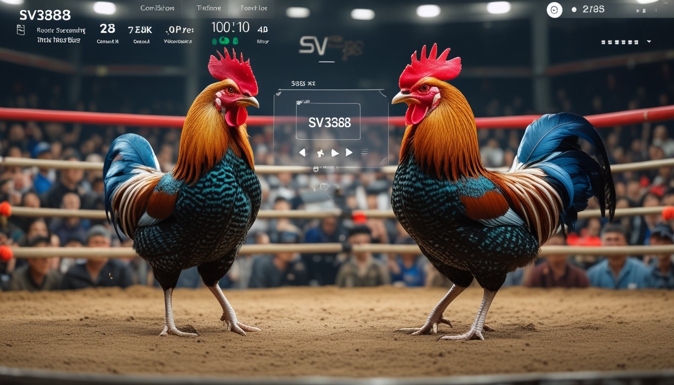 Dua ayam jago sedang bertarung di arena dengan penonton yang menonton secara antusias dan tampilan streaming langsung di latar belakang.