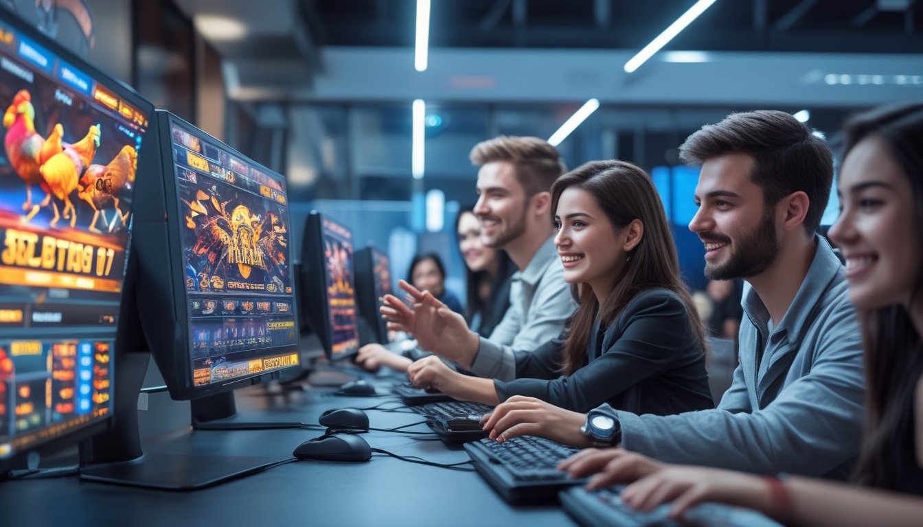 Sekelompok orang muda yang sedang menggunakan komputer dengan layar menampilkan grafik sabung ayam dan taruhan dalam sebuah ruangan kantor modern.