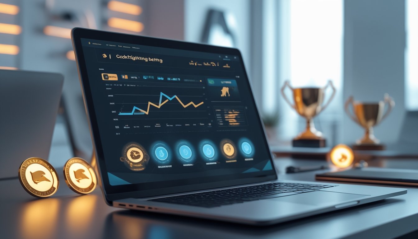 Tampilan layar komputer modern yang menampilkan dashboard platform digital sabung ayam dengan ikon dan grafik, di ruang kantor yang bersih dan terang.