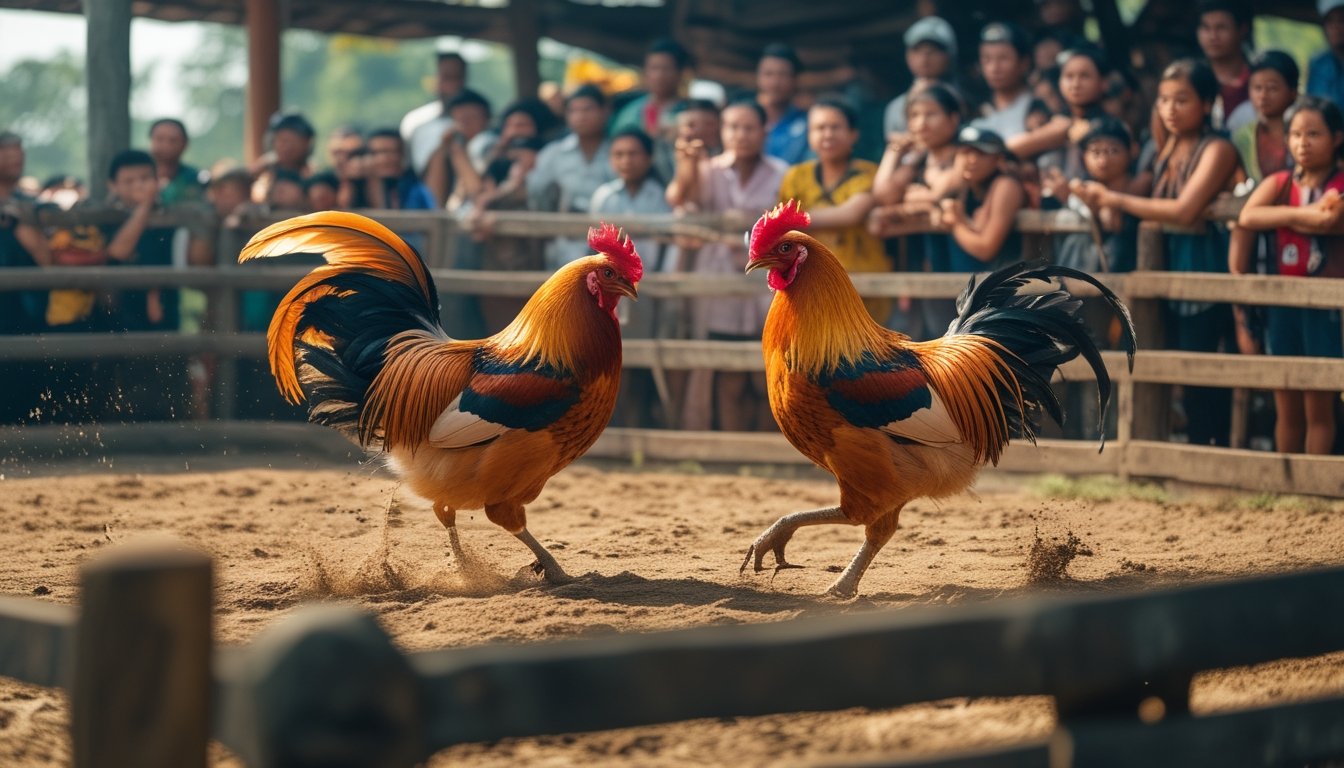 Dua ayam jago sedang bertarung di arena kayu dengan penonton yang antusias mengelilingi mereka.