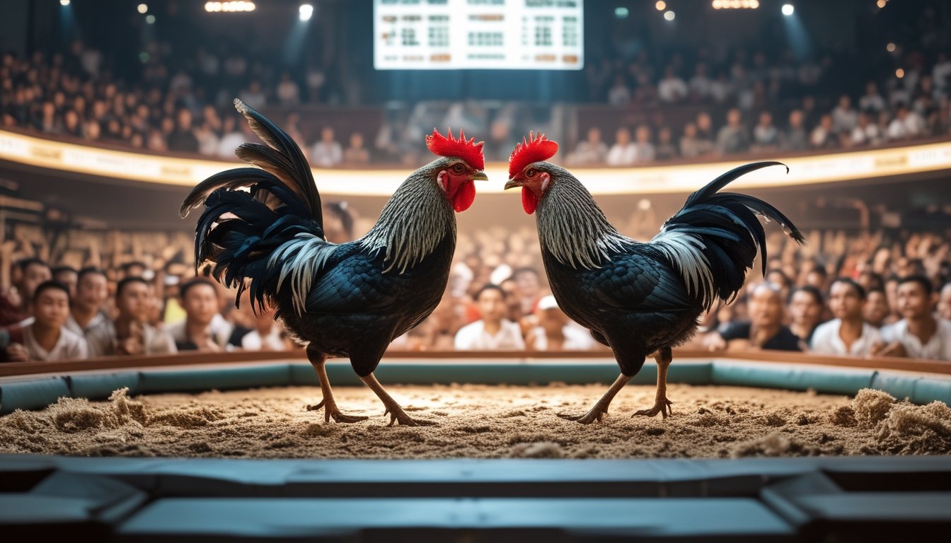 Dua ayam jantan sedang bertarung di arena dengan penonton di latar belakang yang memperhatikan pertandingan dengan serius.