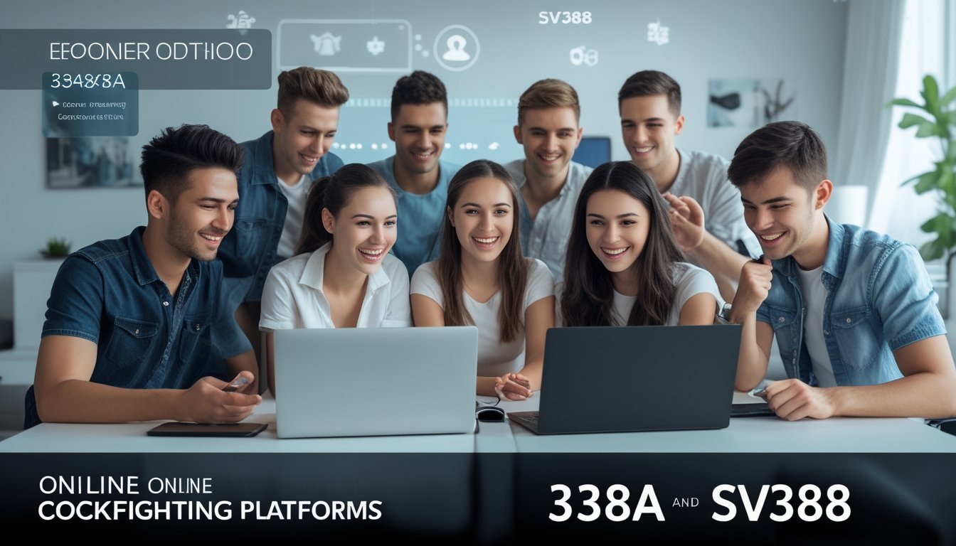 Sekelompok orang muda sedang bermain permainan sabung ayam online di laptop dan ponsel di sebuah ruangan modern.