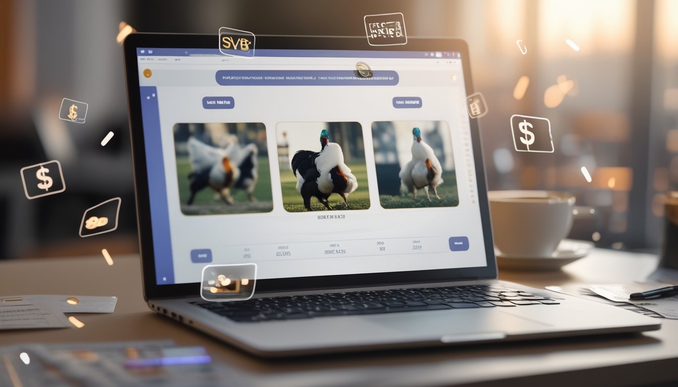 Seorang pengguna sedang melihat layar perangkat dengan tampilan situs judi sabung ayam online, dikelilingi oleh elemen yang menunjukkan aktivitas taruhan digital.