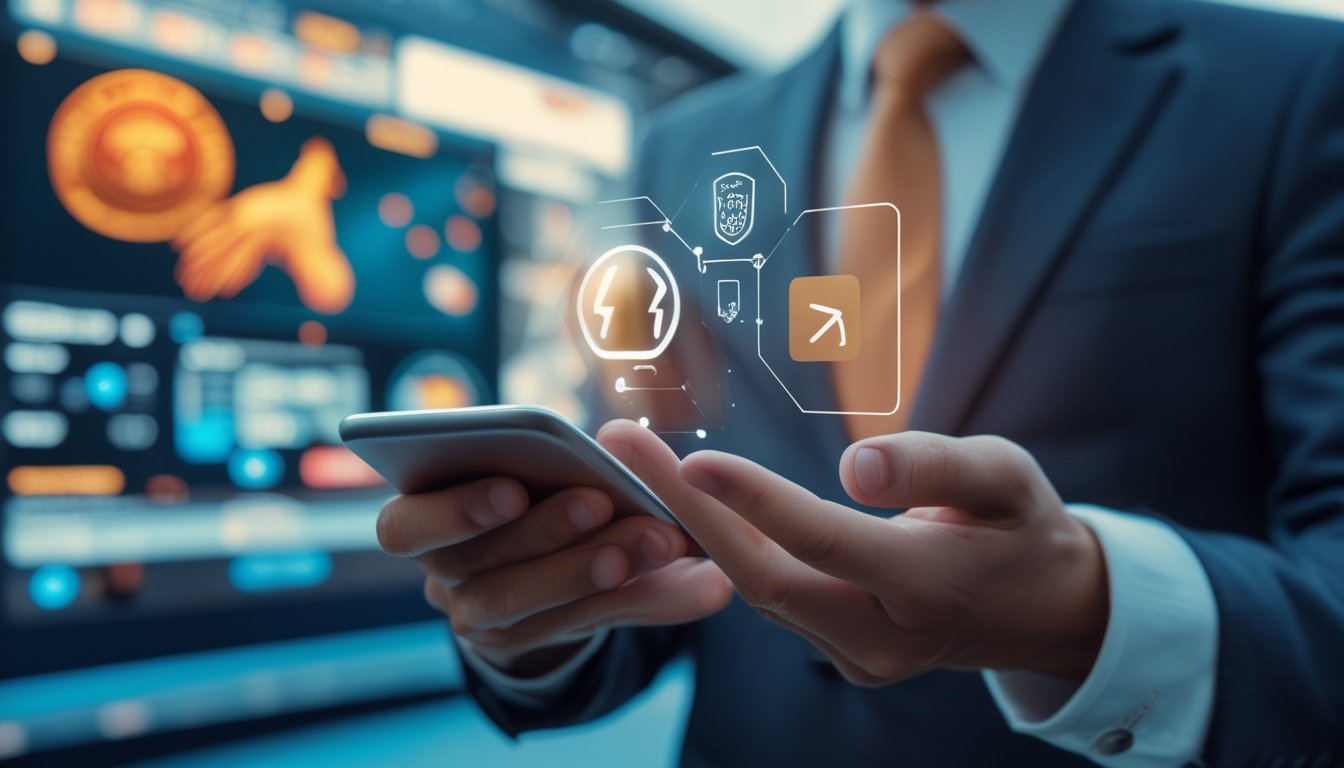 Seseorang memegang ponsel dengan tampilan aplikasi perbankan digital yang menunjukkan transaksi cepat dan aman, dengan latar belakang samar suasana taruhan online sabung ayam.