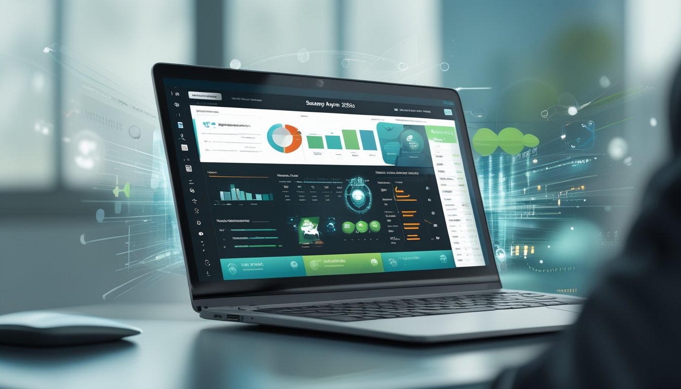 Tampilan layar komputer modern yang menunjukkan antarmuka platform digital dengan grafik dan ikon terkait fitur unggulan Sabung Ayam 338A.