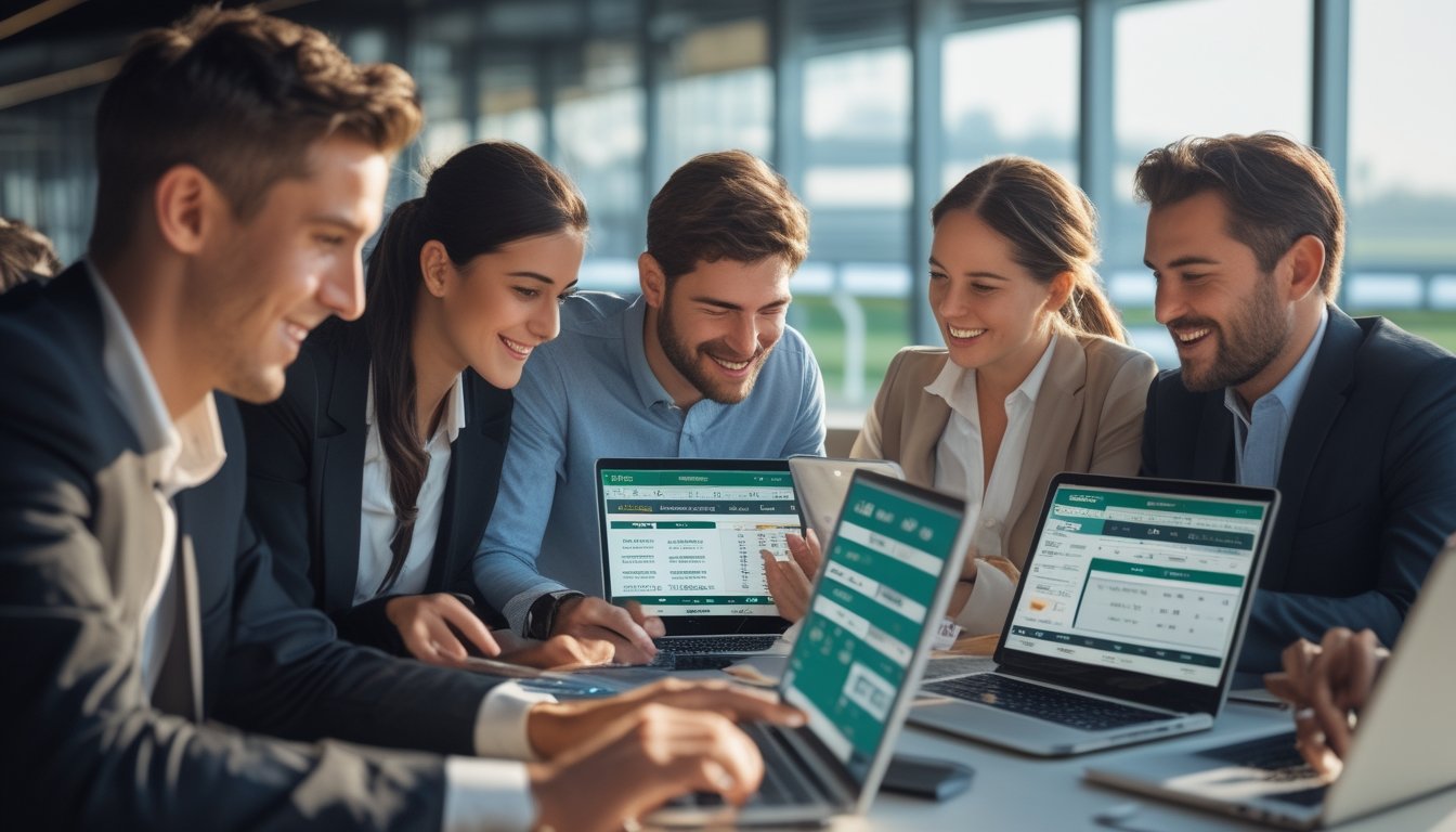 Sekelompok orang menggunakan perangkat digital untuk bertaruh pacuan kuda secara online di dalam ruangan modern dengan pemandangan lintasan pacuan kuda.