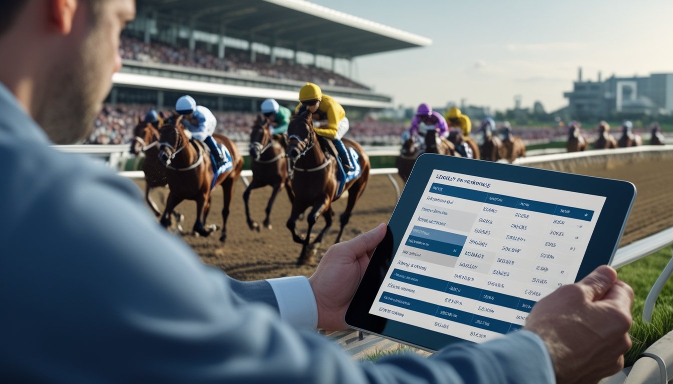 Seorang petaruh yang fokus melihat layar digital dengan data odds pacuan kuda, sementara beberapa kuda dan joki sedang berlomba di lintasan dengan penonton di tribun belakang.