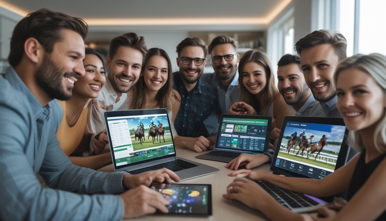 Orang-orang menggunakan perangkat digital untuk memasang taruhan pacuan kuda secara online di lingkungan yang nyaman.