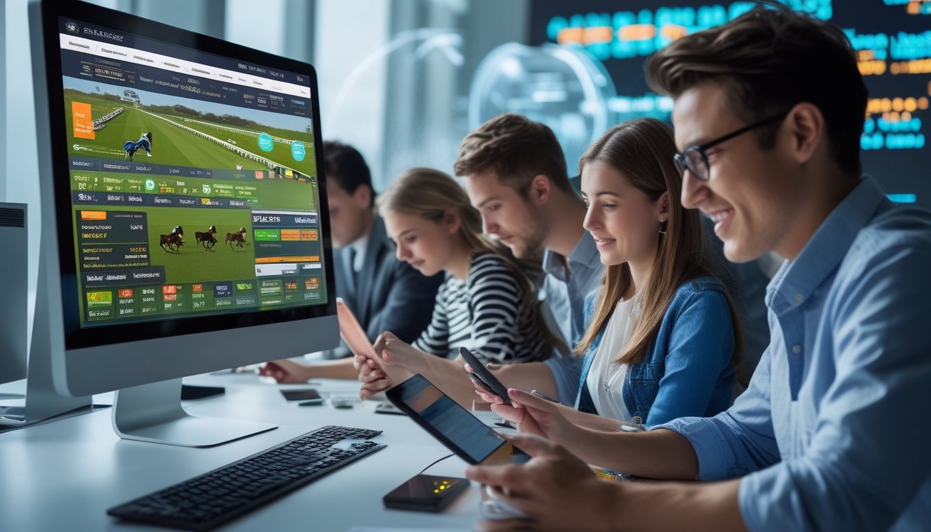 Sekelompok orang muda menggunakan komputer dan perangkat digital untuk taruhan pacuan kuda online di ruang kerja modern.