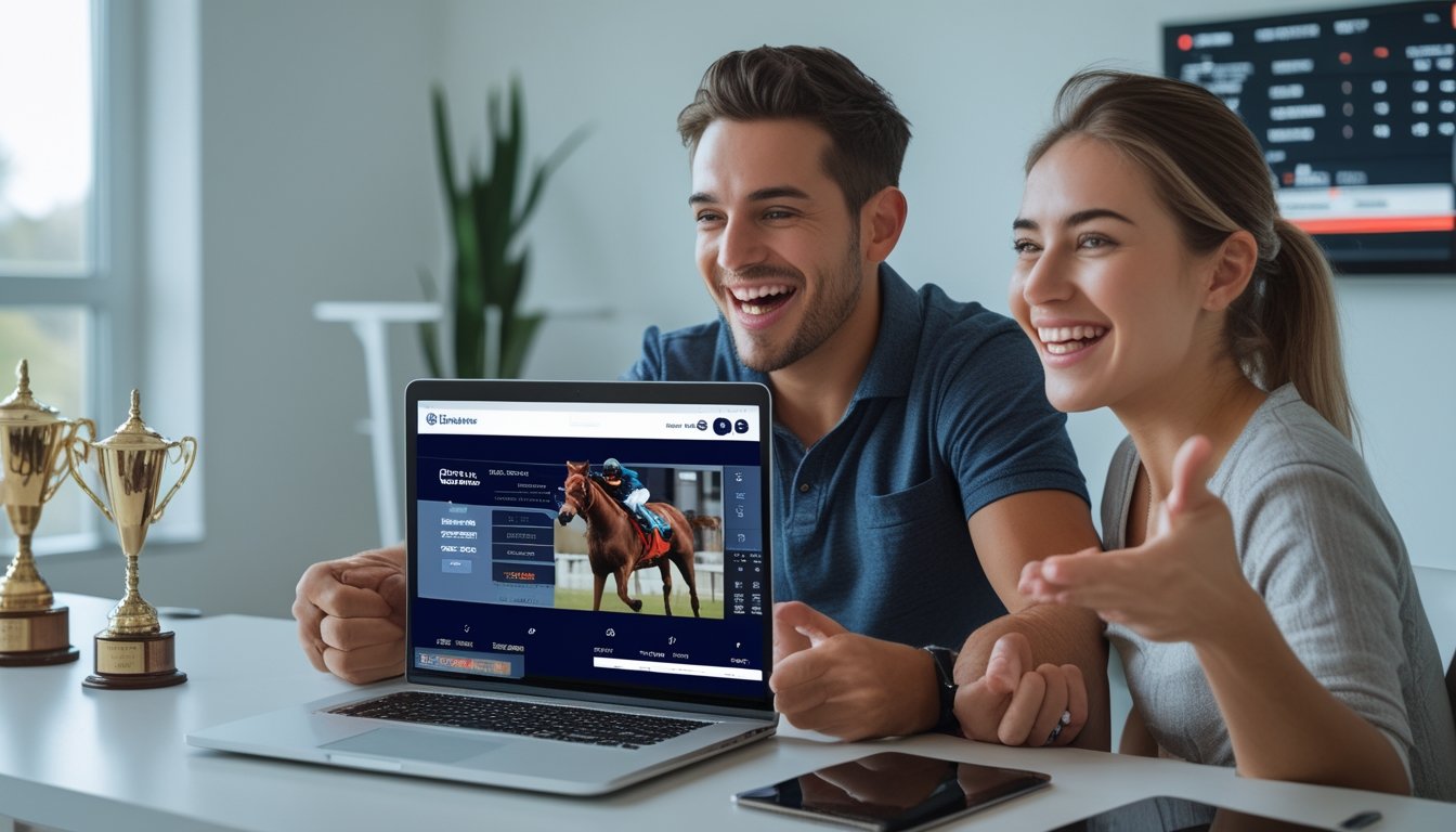 Dua orang muda duduk di meja dengan laptop, fokus pada taruhan pacuan kuda online dan terlihat senang.