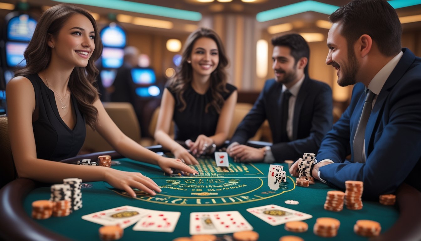 Meja blackjack dengan dealer dan dua pemain pemula yang sedang bermain bersama di kasino.