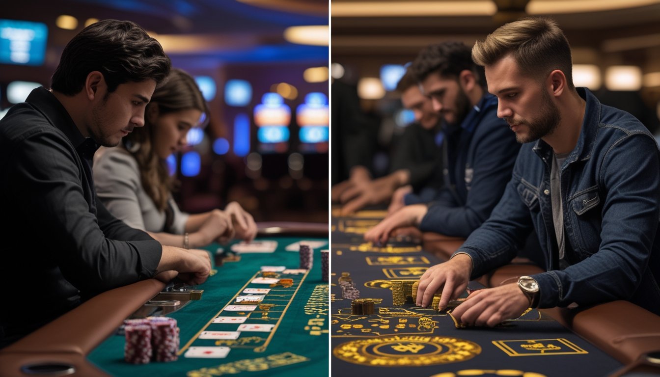 Dua meja blackjack berdampingan menunjukkan perbedaan permainan antara blackjack biasa dan Royal Blackjack dengan pemain yang fokus bermain.