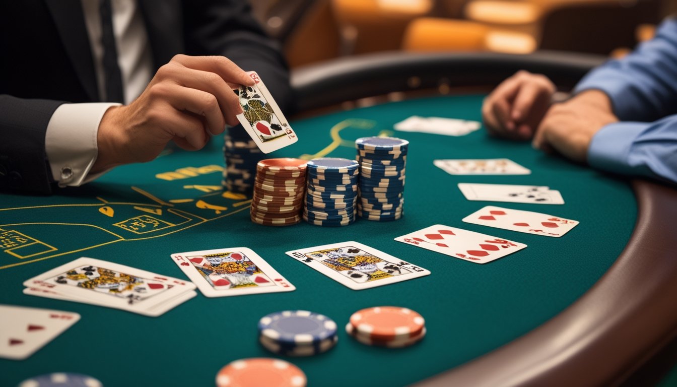 Meja blackjack kasino dengan beberapa setumpuk kartu, tumpukan chip, dan tangan dealer memegang kartu di atas permukaan hijau.