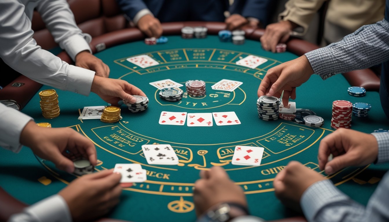 Meja kasino dengan permainan blackjack multi-deck yang sedang berlangsung, menampilkan tangan dealer membagikan kartu dan beberapa pemain memegang kartu dengan tumpukan chip di depan mereka.