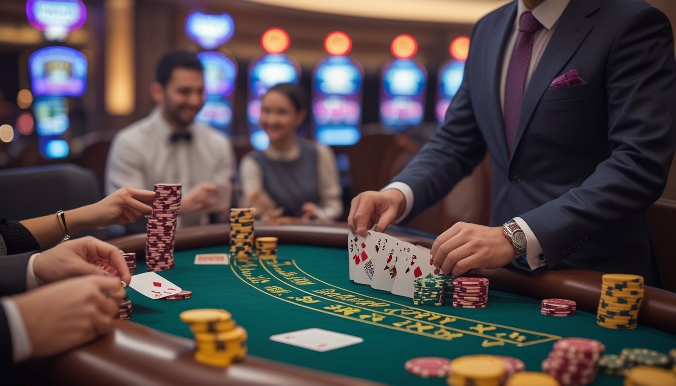 Seorang dealer yang rapi membagikan kartu kepada pemain di meja blackjack di dalam kasino yang mewah.