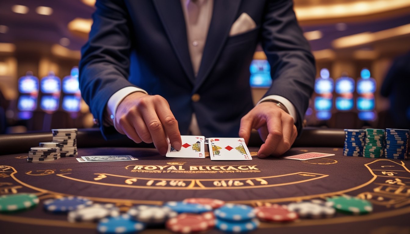 Seorang dealer berjubah rapi sedang membagikan kartu di meja blackjack yang rapi dengan tumpukan chip dan suasana kasino yang hangat di latar belakang.