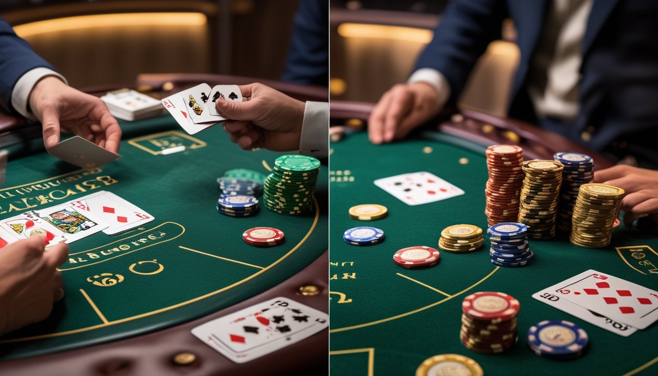 Dua meja blackjack di kasino, satu dengan satu setumpuk kartu dan satu lagi dengan beberapa setumpuk kartu serta tumpukan chip kasino.