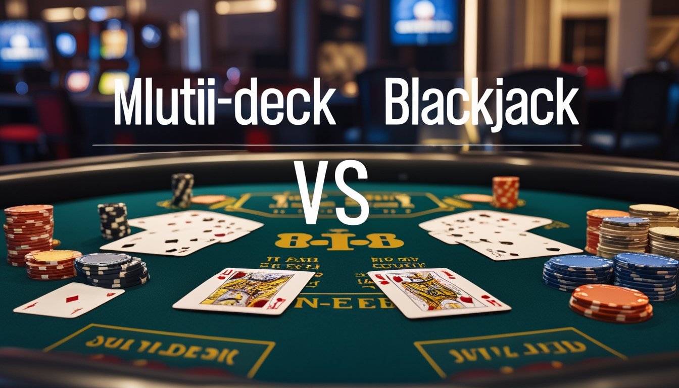 Meja kasino dengan dua permainan blackjack berdampingan, satu menggunakan satu set kartu dan satu lagi menggunakan beberapa set kartu, dengan tumpukan chip di meja.