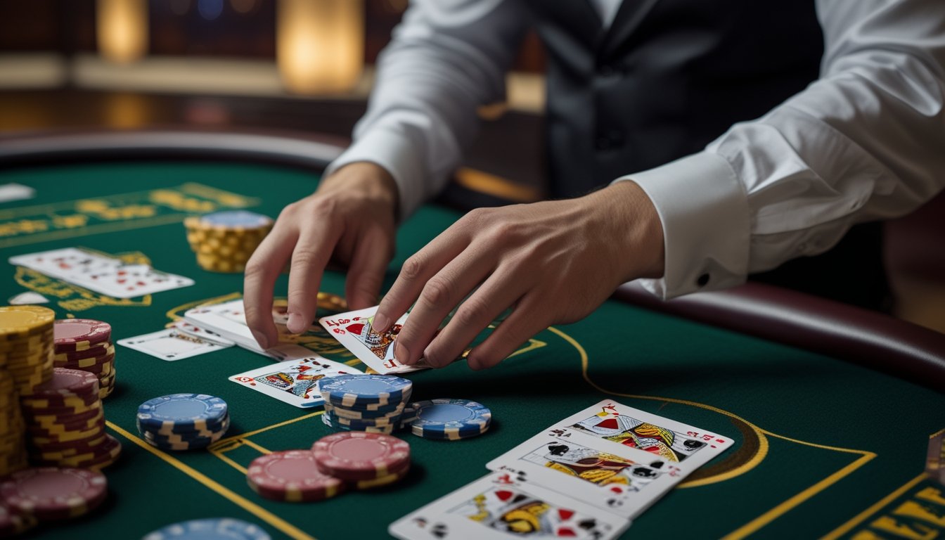 Tangan dealer sedang mengatur beberapa setumpuk kartu di meja blackjack dengan tumpukan chip warna-warni di atas meja hijau.