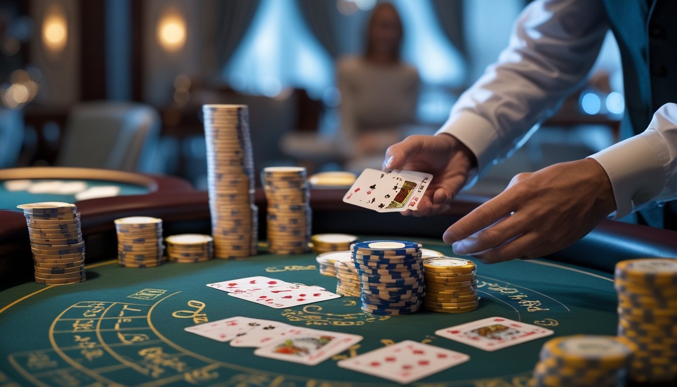 Meja blackjack dengan beberapa tumpukan kartu dan chip, dealer sedang membagikan kartu di kasino.