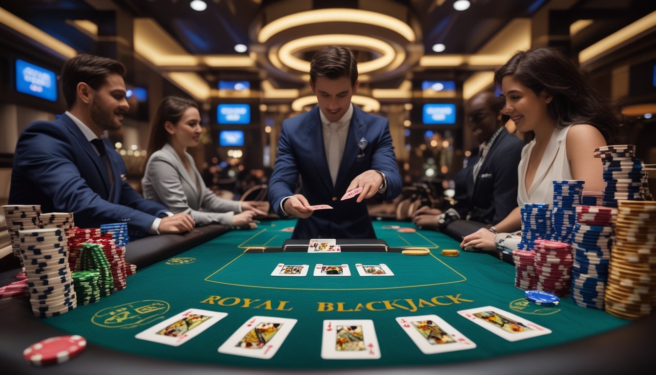 Meja blackjack di kasino modern dengan kartu dan chip, dealer dan pemain yang fokus bermain.