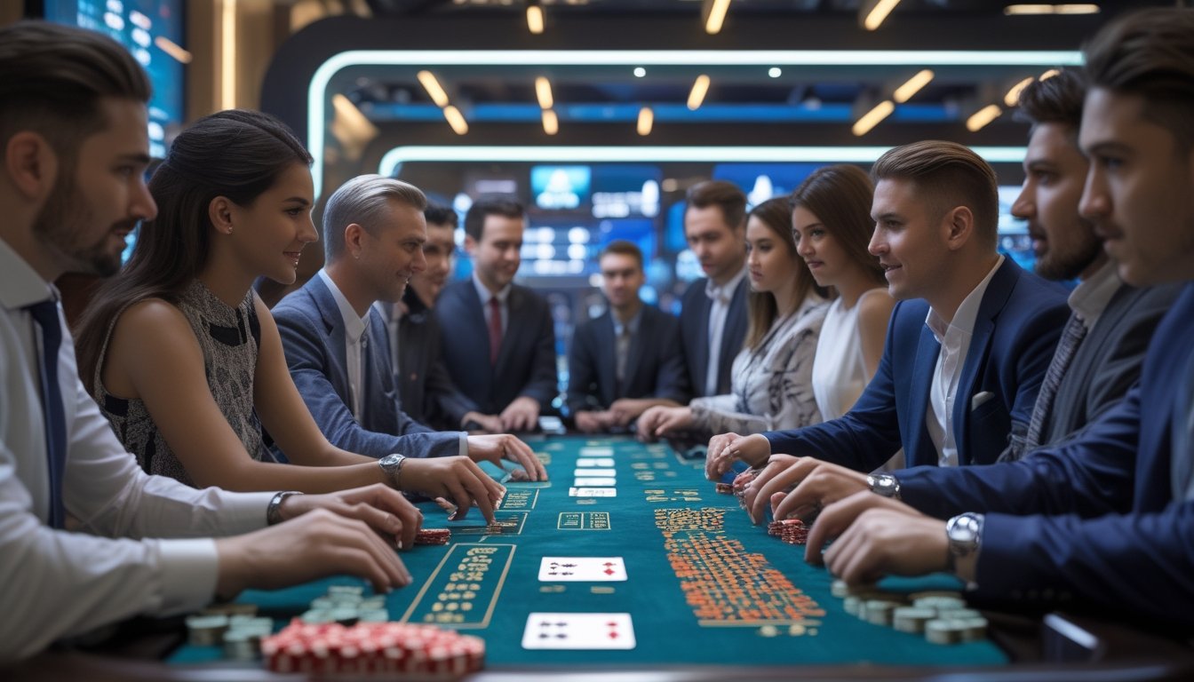 Beberapa pemain sedang bermain Royal Blackjack di meja kasino modern dengan kartu dan chip, dikelilingi oleh layar digital dan pencahayaan futuristik.