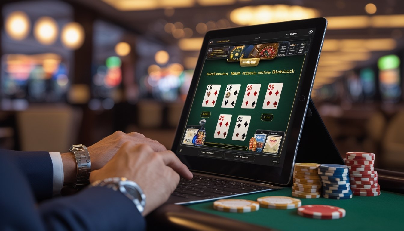 Seseorang sedang bermain blackjack online menggunakan tablet dengan kartu dan chip taruhan di meja kasino.
