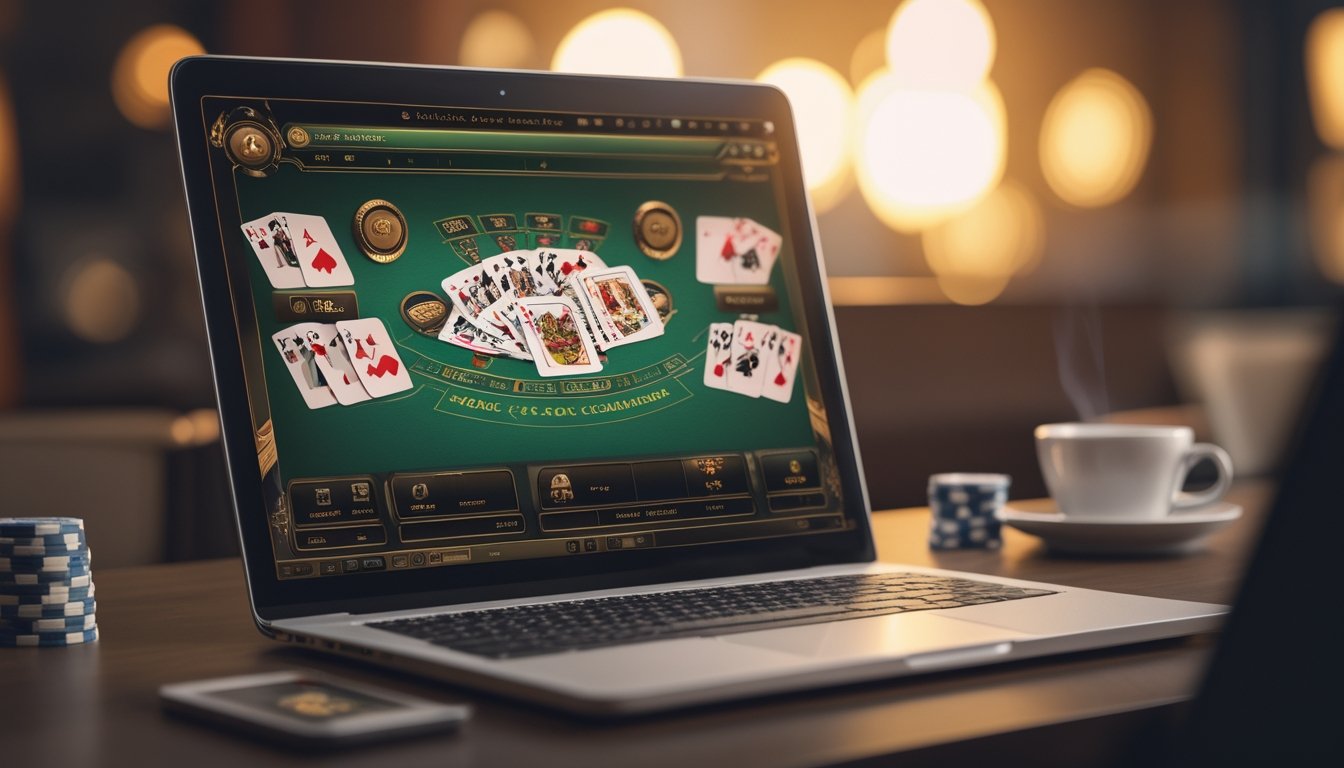 Sebuah meja dengan komputer yang menampilkan permainan blackjack online dengan kartu dan tumpukan chip poker di sampingnya.