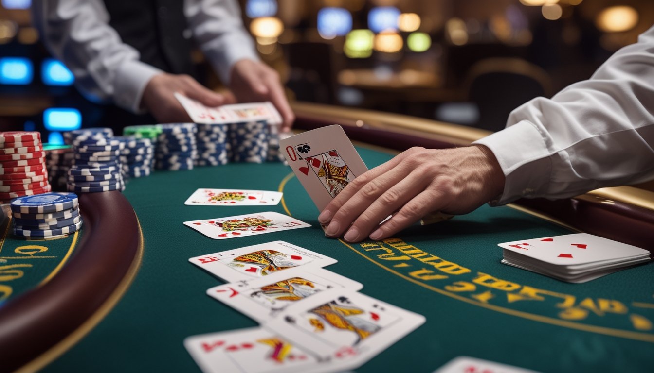 Meja blackjack dengan beberapa tumpukan kartu dan chip, serta tangan dealer sedang membagikan kartu.