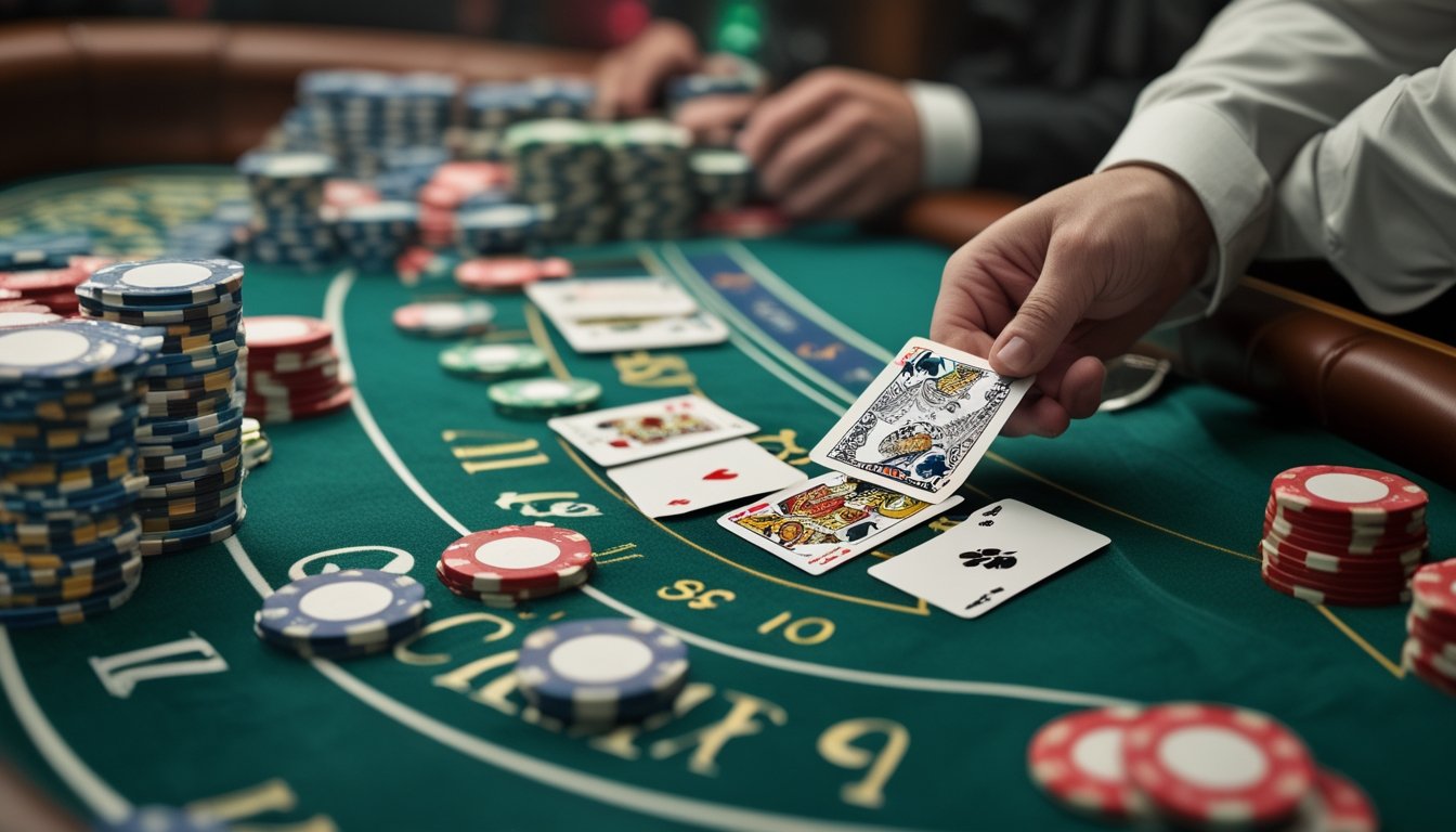 Meja kasino dengan permainan blackjack multi-deck, menampilkan kartu, chip poker, dan tangan dealer yang sedang membagikan kartu.