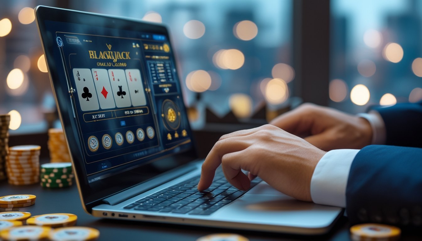 Seseorang bermain blackjack online di laptop dengan kartu dan chip di layar dalam suasana kasino modern.