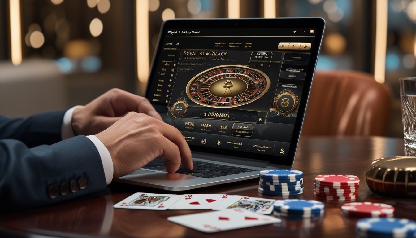 Seseorang bermain Royal Blackjack di laptop dengan kartu dan chip poker di atas meja kayu.